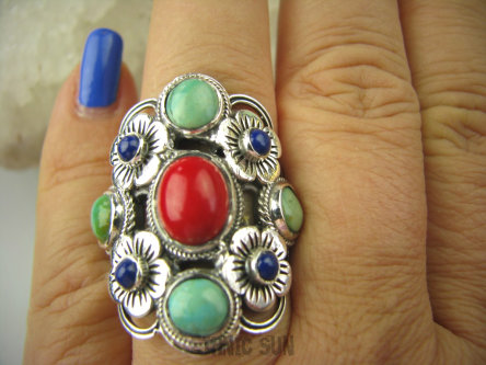 bpe7014 Wybitna kolekcja - Duży Piękny Pierścień Koral zielony Turkus Turkusy Lapis Lazuli r.22/ r.23 Srebro 925 #