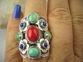 bpe7014 Wybitna kolekcja - Duży Piękny Pierścień Koral zielony Turkus Turkusy Lapis Lazuli r.22/ r.23 Srebro 925 #