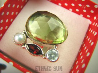 bpee3637 Wielobarwny  Artystyczny Pierścień zielony AMETYST, Perła, Granaty, Blue Topaz r.13 Srebro 925 #