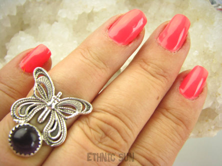 bpe9114 CUDO FILIGRAN! Ażurowy MOTYL - Symbol Miłości Szczęścia i Radości Pierścień, Pierścionek fioletowy Ametyst kamien mądrości r.15 Srebro 925 #