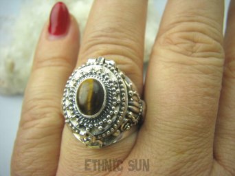 bpe5386 Bogato Zdobiony Piękny Sekretnik UNIKAT !!! Otwierany Pierścień na zdjęcia lub marzenia  brązowy Tygrysie Oko r.21 Srebro 925 #