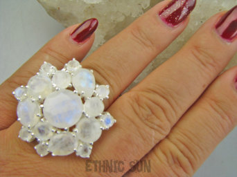 bpee4557 TĘCZOWY KLEJNOT - BOSKO PIĘKNY DUŻY OKAZ !!! Piękny Lśniący Pierścień Pierścionek Kamień Księżycowy r.18/ r.19 Srebro 925 #