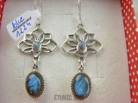 bke1224 Długie 6cm lekkie cudowne ażurowe kolczyki Kwiat Lotosu - talizman wiecznej młodości !!! Tak piękne ! Kolczyki Labradoryt Spektrolit SREBRO 925