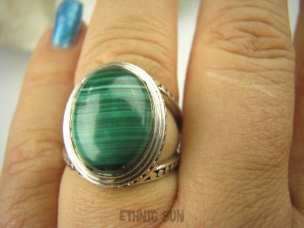 bpe6566 Egzotyczny PIERŚCIEŃ zielony Malachit - pobudza kreatywność r.17 Zdobiona Obrączka Srebro 925 #