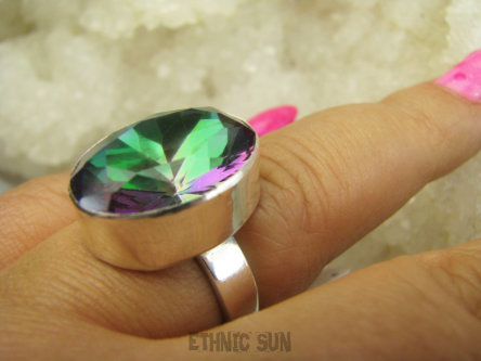 bpee4697 Śliczny Duży kamień TĘCZOWY Pierścionek PIERŚCIEŃ WIELOBARWNY MYSTIC TOPAZ r.19 lśniące Srebro 925 #