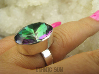 bpee4697 Śliczny Duży kamień TĘCZOWY Pierścionek PIERŚCIEŃ WIELOBARWNY MYSTIC TOPAZ r.19 lśniące Srebro 925 #