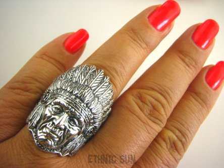 bpe5255 APACZ INDIANIN jak żywy 19 g ! - SYMBOL WIEDZY I MĄDROŚCI !!! Niezwykły DUŻY Pierścień INDIANIN Cały ze Srebra r.21/r.22 Srebro 925 #