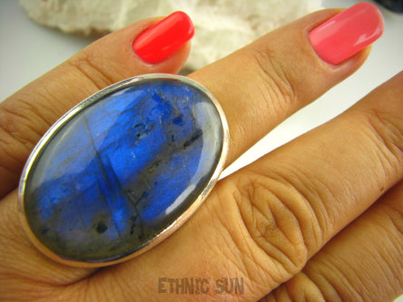 bpe3247 Duży Okaz Klasyczny niebiesko chabrowy Pierścień Labradoryt Spektrolit kamień odwagi r.21/r.22 Lśniące Srebro 925 #