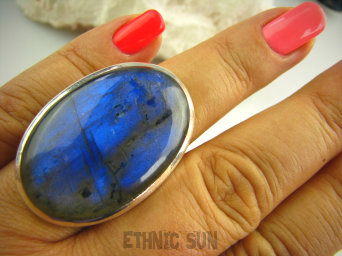 bpe3247 Duży Okaz Klasyczny niebiesko chabrowy Pierścień Labradoryt Spektrolit kamień odwagi r.21/r.22 Lśniące Srebro 925 #