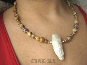 bn748 Biżuteria Orientalna !!! Egzotyczna Muszla Piękny Naszyjnik i Kolczyki JASPIS Obrazkowy Muszla z wysp Bali orientalne Srebro 925