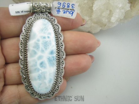 bwe3896 ZJAWISKOWY 24G - Naturalny rzadki kamień LARIMAR kamień ANIELSKI czakra gardła Duży Wisior z Larimarem w orientalnej oprawie SREBRO 925 #