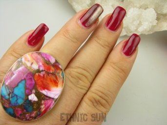 bpe8550 Boski Gigant 20 g Wielobarwny OKAZ 4 cm / 3 cm Pierścień OSTRYGOWY TURKUS MIEDZIANY Mojave OSTRYGA Muszla złota MIEDZ r.17 Srebro 925 #