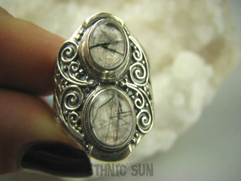 bpe6368 Egzotyczny Pierścień Kwarc SAGENITOWY z czarnym Rutylem r.16 Srebro 925 #