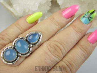 bpe9557 Czarodziejsko Piękny Długi 3.7 cm Orientalny Pierścień Pierścionek Chalcedon r.17/r.18 Srebro 925 #