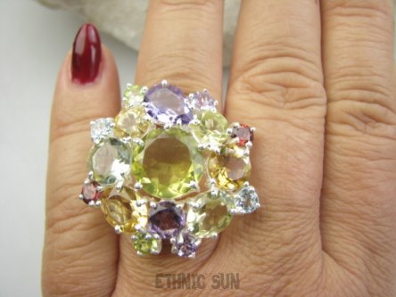 bpee4553 Ależ piękna ! WIELOBARWNA ROZETA DUŻY OKAZ ! Pierścień Pierścionek naturalny Cytryn, Ametyst, Blue Topaz, Granaty r.20/ r.21 SREBRO 925 #