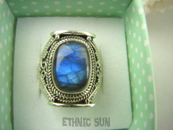 bpe6991 Piękny niebiesko-chabrowy egzotyczny Pierścień LABRADORYT Spektrolit - kamień Zorzy Polarnej r.18/ r.19 SREBRO 925 #