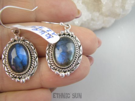 bke1279 Egzotyczne Kolczyki z Labradorytami w orientalnej oprawie Labradoryt Spektrolit Srebro 925