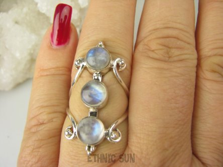 bpe8651 Długi 3.4 cm Finezyjny Ażurowy Pierścień podwójna obrączka Kamień Księżycowy r.16 Srebro 925