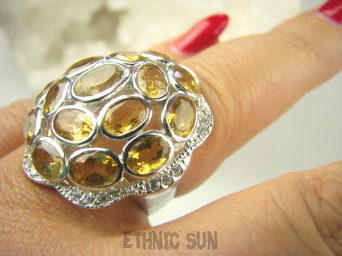 bpee4158 Lśniąca Kopuła Piękny Pierścień Pierścionek naturalny Złoto Żółty Cytryn, oraz Cyrkonie  r.17 SREBRO RODOWANE 925 #