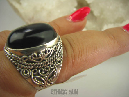bpe6231 Śliczny Orientalny Pierścień czarny ONYKS regeneruje SERCE, EGZEMY, PAMIĘĆ r.17 Srebro 925 #