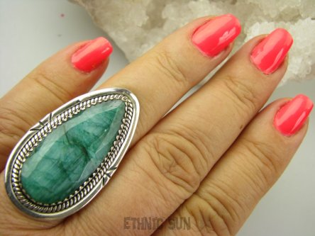 bpee4210 DUZY OKAZ  kunsztowny Długi 3.8 cm Pierścień Pierścionek Zielony Szmaragd Indyjski - kamień Miłości Szmaragdy r.20/ r.21 Srebro 925 #