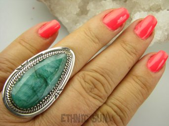 bpee4210 DUZY OKAZ  kunsztowny Długi 3.8 cm Pierścień Pierścionek Zielony Szmaragd Indyjski - kamień Miłości Szmaragdy r.20/ r.21 Srebro 925 #