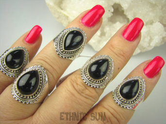 bpe6855 Śliczny Orientalny Delikatny Pierścień czarny ONYKS regeneruje SERCE, EGZEMY, PAMIĘĆ r.15/r.16 Srebro 925