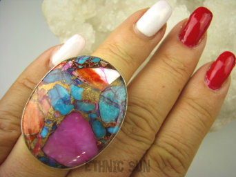 bpe8411 Boski Wielobarwny różowo- turkusowo-niebieski OKAZ 3.7 cm / 2.9 cm Pierścień OSTRYGOWY TURKUS MIEDZIANY Mojave OSTRYGA Muszla złota MIEDZ r.14/ r.15 Srebro 925 #