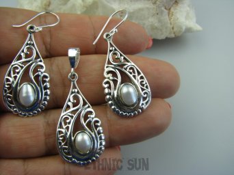 kpl7 Orientalne Skarby !!! Egzotyczny Komplet Ażurowe Kolczyki i Wisior naturalne Perły Hodowlane Perła Srebro 925