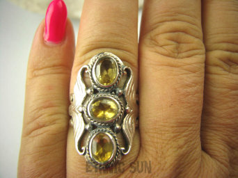 bpee3387 Długi ażurowy delikatny Pierścień Żółty Cytryn - kamień antycukrzycowy r.16/ r.17 SREBRO 925 #