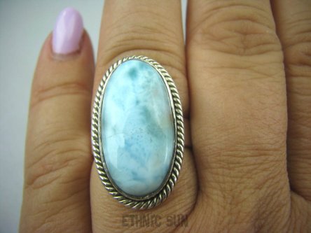bpe6149 Anielski Pierścień Rzadki Błękitny Larimar (kamień Anielski ) - stawy, serce lęki, otwiera czakrę gardła r.17 Srebro 925 #