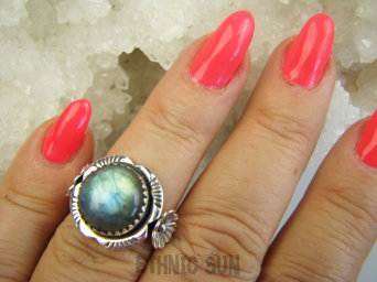 bpe9623 Max blask Biżuteria egzotyczna Delikatny Pierścień Pierścionek Labradoryt Spektrolit - kamień Zorzy Polarnej r.13 Srebro 925 #