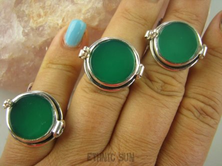 bpe6300 Biżuteria Orientalna !!! Otwierany Pierścień na Zdjęcia, Marzenia lub truciznę SEKRETNIK Zielony ONYKS r.14 Srebro 925 #