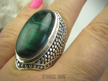 bpe4326 Duży 19 gramów !!!  Wspaniały Egzotyczny Duży Pierścień naturalny Malachit - pobudza kreatywność r.17/ r.18 Srebro 925 #