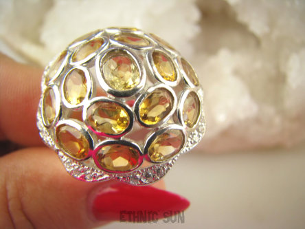 bpee4147 Lśniąca Kopuła Piękny Pierścień Pierścionek naturalny Złoty Cytryn, oraz Cyrkonie r.16 i r.17 SREBRO RODOWANE 925 #