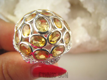 bpee4147 Lśniąca Kopuła Piękny Pierścień Pierścionek naturalny Złoty Cytryn, oraz Cyrkonie r.16 i r.17 SREBRO RODOWANE 925 #