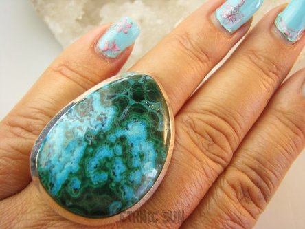 bpe9230 LAZUROWE MARZENIE !! Niewiarygodnie piękny Duży 25G Regulowany Pierścień Pierścionek AZURYT Z CHRYZOKOLA ORAZ MALACHIT  RZADKOŚĆ - Piękny Kolor  r.16, r.17, r.18, r.19, Srebro 925 #