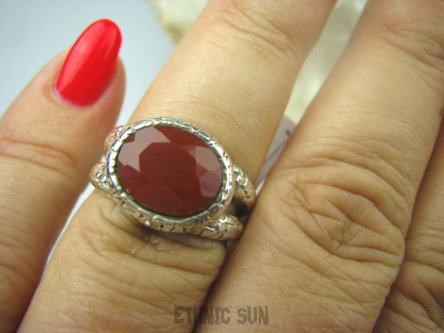 bpee3250 Cudowny Klejnot Pierścień Szlifowany Czerwony Onyks - regeneruje SERCE, EGZEMY, PAMIĘĆ r.15/r.16 Srebro 925 #