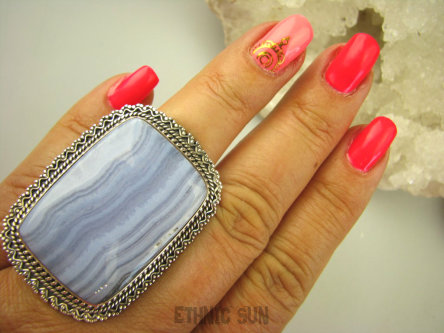 bpe7784 ALE CUDO  Fioletowo-niebieski BARDZO Duży OKAZ Aż 26 gramów Pierścień KORONKOWY Niebieski AGAT BLUE LACE kamień spokoju STRES, regulowany r.18, r.19, r.20, r.21, r.22, r.23, r.24 Srebro 925 #