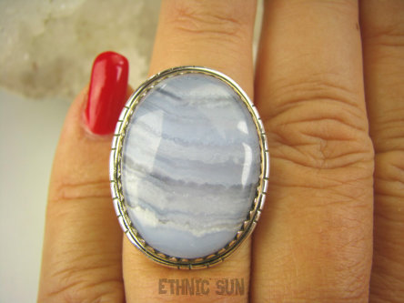 bpe6899 Egzotyczny Pierścień KORONKOWY AGAT BLUE LACE kamień spokoju i pozytywnego myślenia idealny na STRES, CHOROBY OCZU, USZU UKOJENIE DUSZY r.14 Srebro 925 #