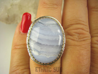 bpe6899 Egzotyczny Pierścień KORONKOWY AGAT BLUE LACE kamień spokoju i pozytywnego myślenia idealny na STRES, CHOROBY OCZU, USZU UKOJENIE DUSZY r.14 Srebro 925 #