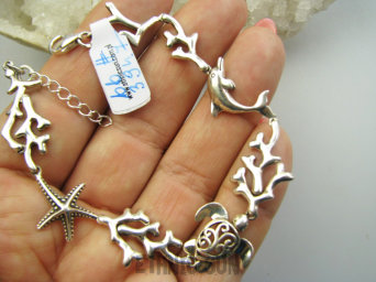 bb3947 MORSKIE SKARBY !!!! Fantastyczna delikatna Bransoleta cała ze srebra regulowana 19-22cm Żółw, Rozgwiazda, Delfin, Gałązki Koralowca Srebro 925 #