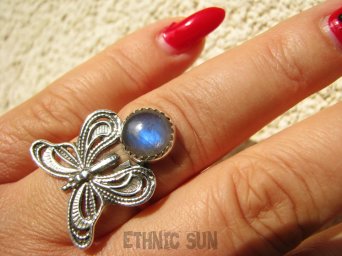 bpe9052 CUDO FILIGRAN! Ażurowy MOTYL - Symbol Miłości Szczęścia i Radości Pierścień, Pierścionek Labradoryt Spektrolit r.17 Srebro 925