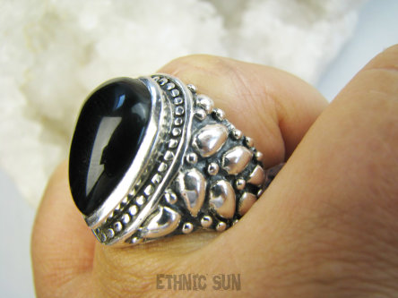 bpe9675 PRZEPIĘKNY OKAZ niesamowicie zdobiona OBRĄCZKA !!! Orientalny Pierścień CUDO Pierścionek Czarny Onyks r.19 Srebro 925 #