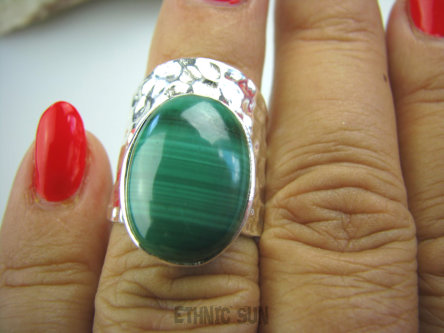 bpe5048 Egzotyczny Pierścień szeroka obrączka Malchit - pobudza kreatywność r.11/ r.12 Mały Rozmiar Srebro 925 #