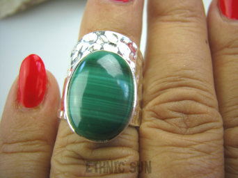 bpe5048 Egzotyczny Pierścień szeroka obrączka Malchit - pobudza kreatywność r.11/ r.12 Mały Rozmiar Srebro 925 #