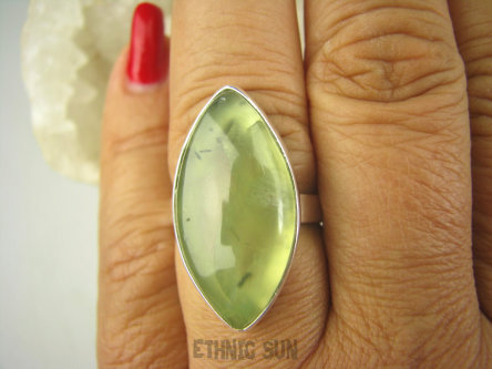 bpe8050 ZIELONA MARKIZA ! Klasyczny Pierścień z naturalnym Prehnitem PREHNIT r.18 Lśniące Srebro 925 Czakra Serca #