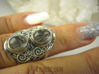 bpe8153 Egzotyczny Pierścień Kwarc SAGENITOWY z czarnym Rutylem r.12/r.13 Srebro 925 #