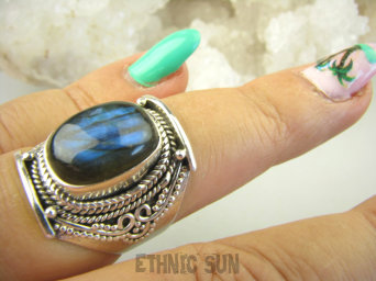 bpe8923 Egzotyczny Pierścień Pierścionek Labradoryt Spektrolit - kamień zorzy polarnej r.16 Srebro 925 # 