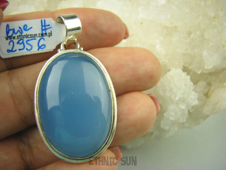 bwe2956 Klasyczny Wisior Duży OKAZ KOJĄCY Błękitny Chalcedon Tarczyca (czakra gardła) SREBRO 925 #